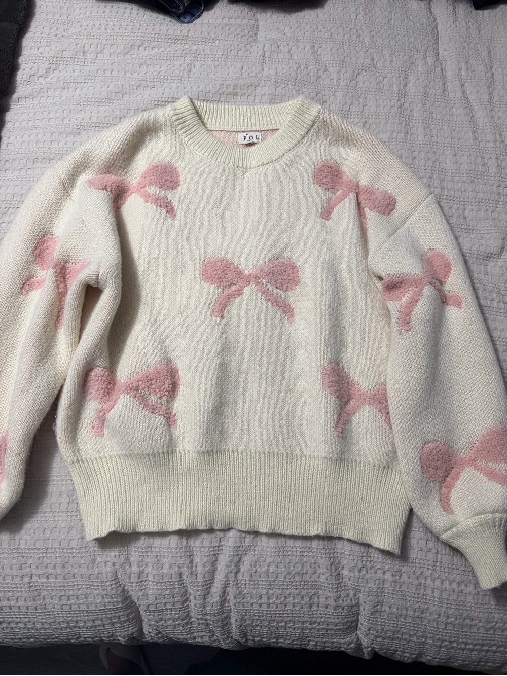 POL Cream Crewneck Sweater with Pink Bow Motif